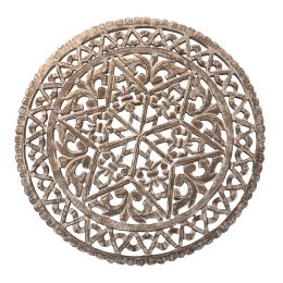 30 Inch Round Wooden Carved Wall Art with Intricate Cutouts; Distressed White