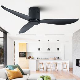 52" Low Profile Ceiling Fan No Light; Black Flush Mount Ceiling Fans without Lights