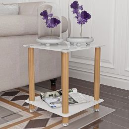 2-Piece White+Oak Side Table ; 2-Tier Space End Table ; Modern Night Stand; Sofa table; Side Table with Storage Shelve