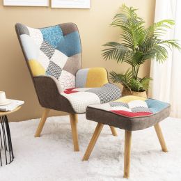 Accent Chair with Ottoman; Living Room Chair and Ottoman Set; Comfy Side Armchair for Bedroom; Creative Splicing Cloth Surface