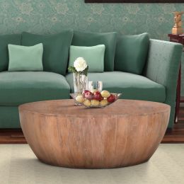 Drum Shape Wooden Coffee Table with Plank Design Base; Distressed Brown