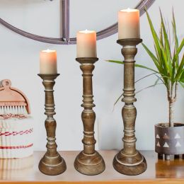 Handcrafted Distressed Wooden Candle Holder with Pedestal Body; Brown; Set of 3