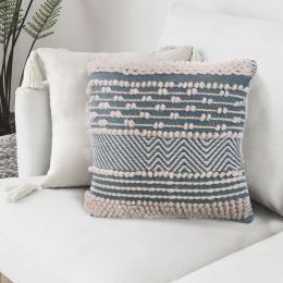 18 x 18 Handcrafted Cotton Accent Throw Pillow; Wavy Woven Pattern; Soft Textured Beads; Blue; White; DunaWest