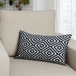 12 x 20 Rectangular Jacquard Cotton Accent Lumbar Pillow; Diamond Pattern; Black; White; DunaWest