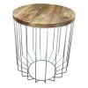 25 Inch Mango Wood Round Side End Accent Table; Tapered Slatted Cage Design; Handcrafted; Natural; Chrome; DunaWest