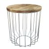 25 Inch Mango Wood Round Side End Accent Table; Tapered Slatted Cage Design; Handcrafted; Natural; Chrome; DunaWest