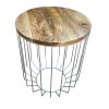 25 Inch Mango Wood Round Side End Accent Table; Tapered Slatted Cage Design; Handcrafted; Natural; Chrome; DunaWest