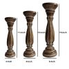 Benzara Handmade Wooden Candle Holder with Pillar Base Support; Distressed Brown; Set of 3