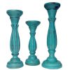 Handmade Wooden Candle Holder with Pillar Base Support; Turquoise Blue; Set of 3