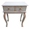 2 Drawer Mango Wood Console Table with Floral Carved Front; Brown and White; DunaWest