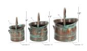 Green Tinged Metal Bucket Planter With Handles; Set of 3