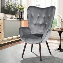 Modern Wingback Accent Armchair Living Room Tufted Velvet Upholstery (Color: DARK GREY)