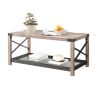 38.82" Farmhouse Coffee Table;  2-Tier Cocktail Table;  Center Table with Mesh Shelf;  Steel Frame;  Corner Protection;  Industrial Style;  Long Table